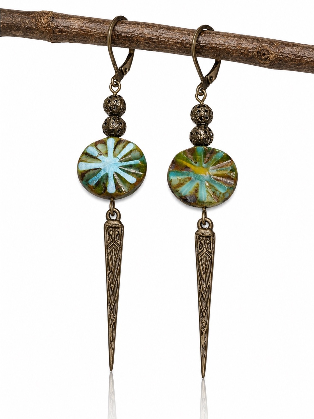 Czech Glass Boho Earrings, Antique Bronze Spike Dangle, Turquoise
MTO